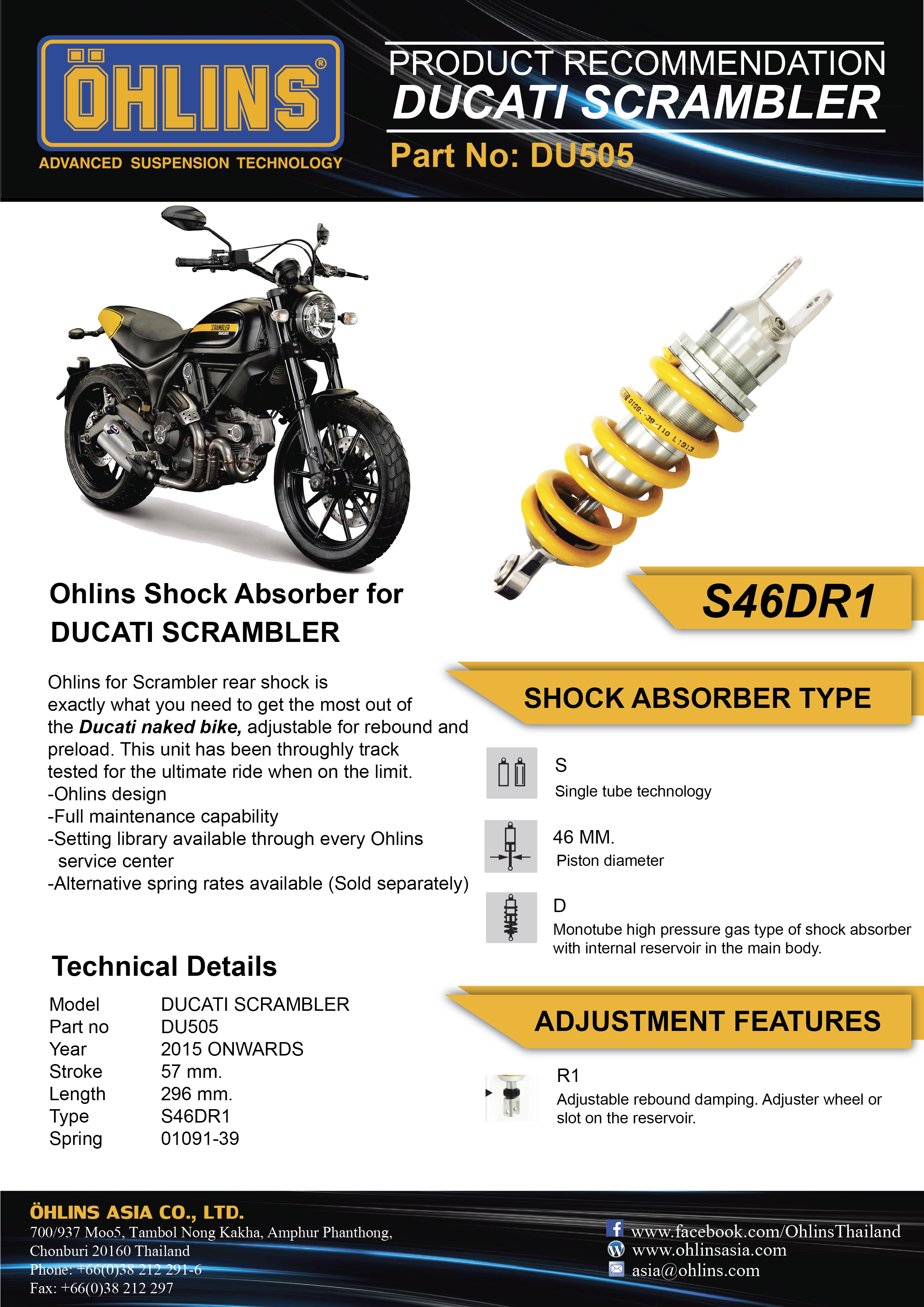 【Ohlins ASIA】DU 505後避震器 Ducati Scrambler專用