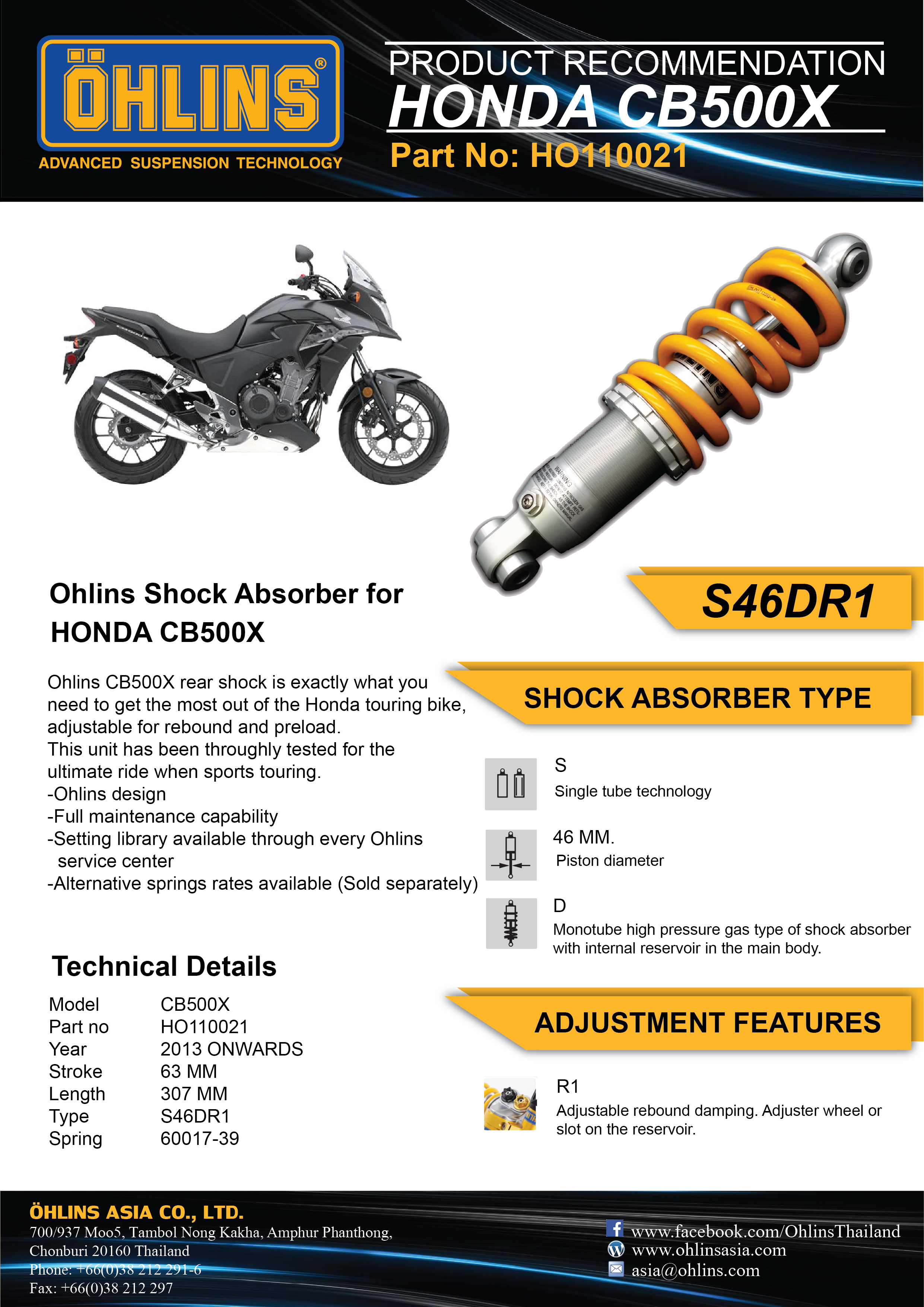 【Ohlins ASIA】HO 110021避震器 Honda CB500X專用