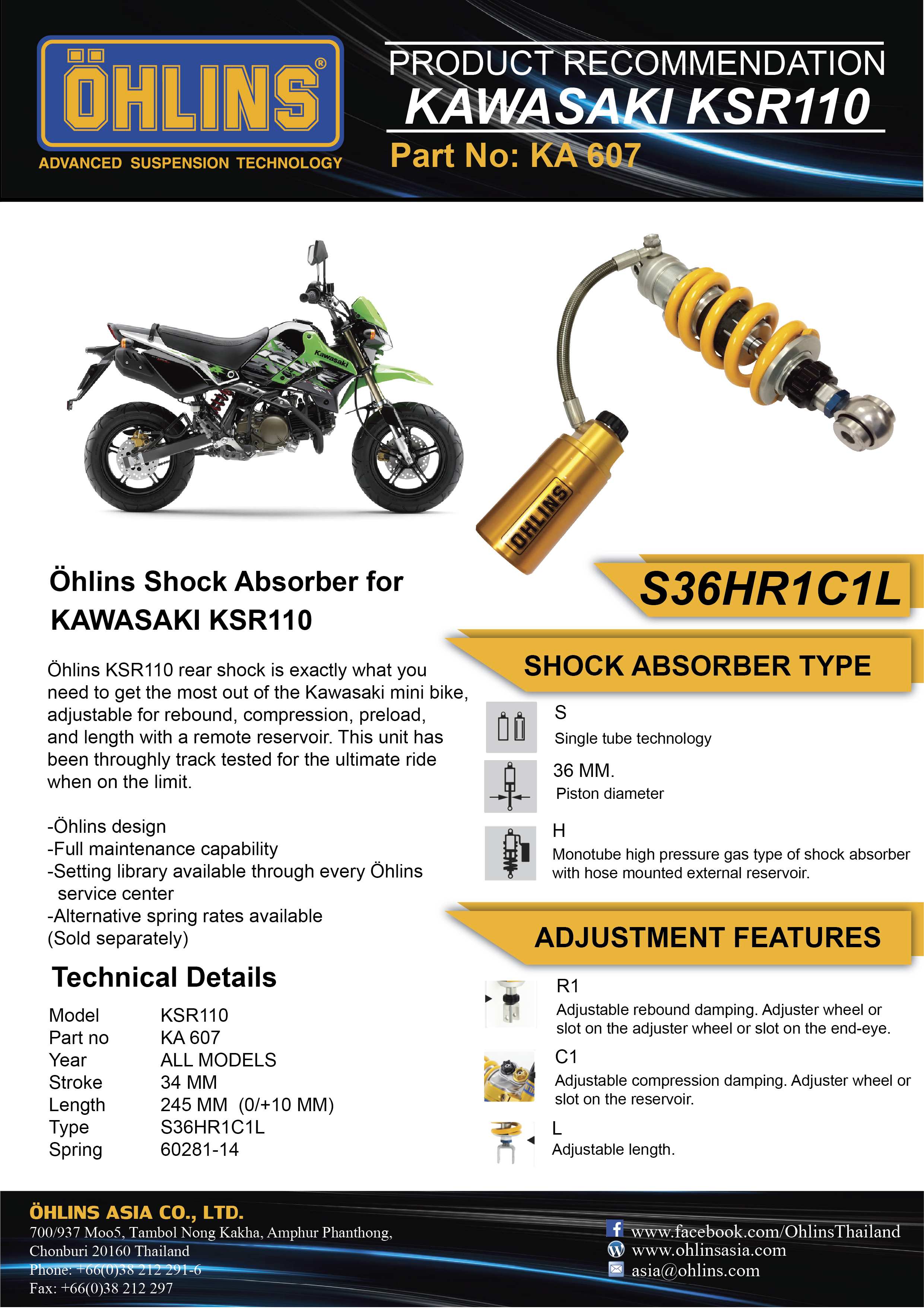【Ohlins ASIA】KA 607避震器 Kawasaki KSR110專用
