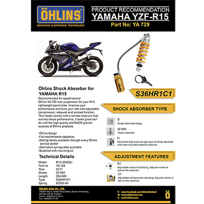【Ohlins ASIA】Yamaha YZF-R15 (-2017) 後避震器